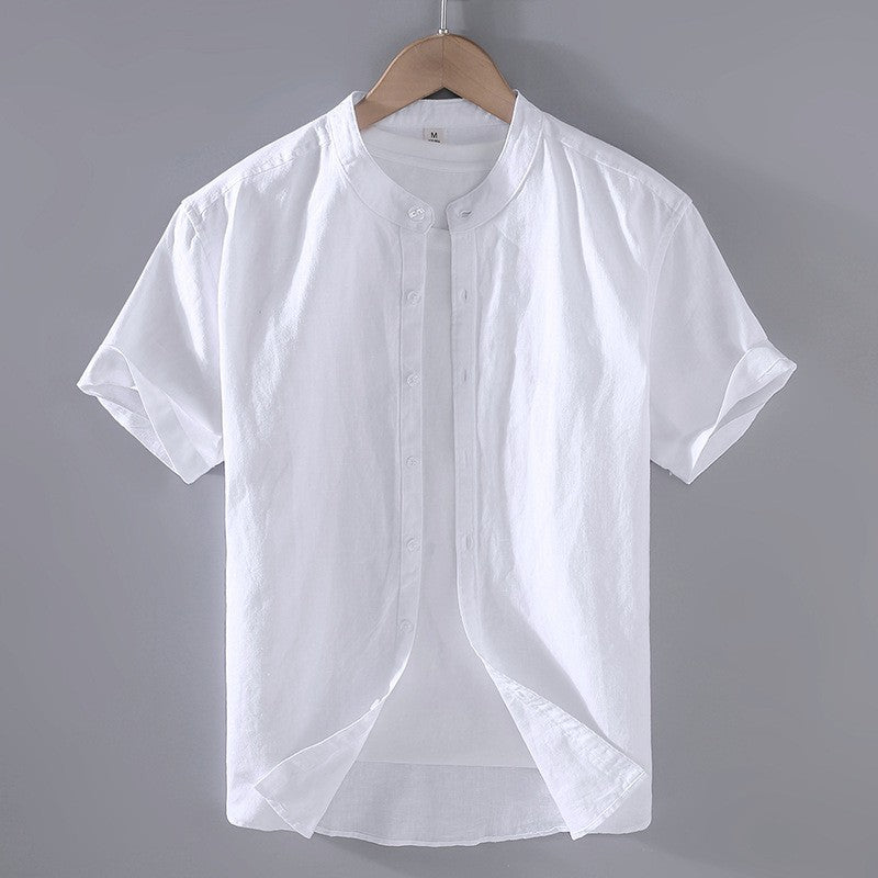 Camisa de lino hombre — cuello banda manga corta — ropa casual playa